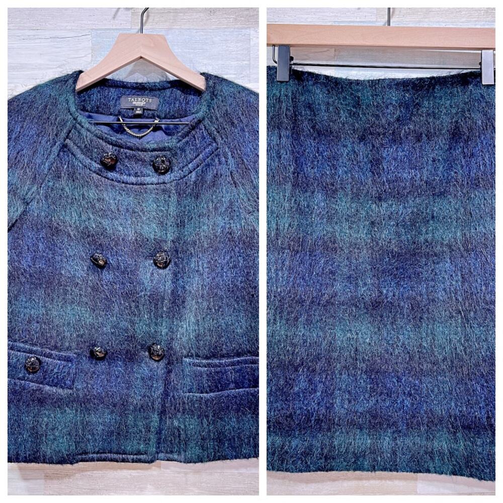Talbots Wool Alpaca Mohair Fur Skirt Suit Blackwatch Plaid Womens 6P Jacket 10